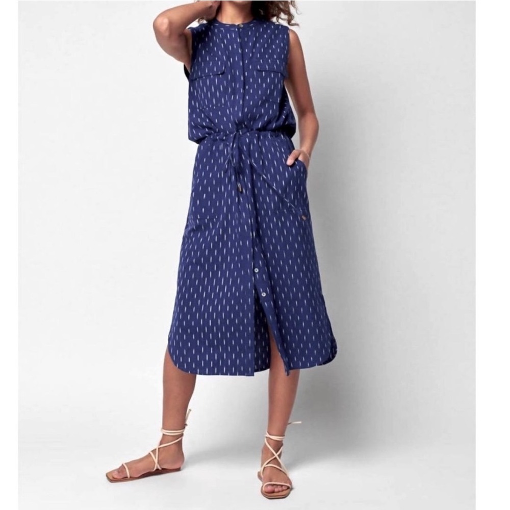 Faherty‎ Women XS Blue Ikat Print Sleeveless Linen Midi Dress Drawstring Waist - Picture 4 of 16